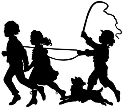 Silhouette of Children and Dog Playing - Silhouette Art