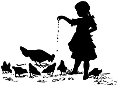 Silhouette of a Girl Feeding Chickens - Silhouette Art