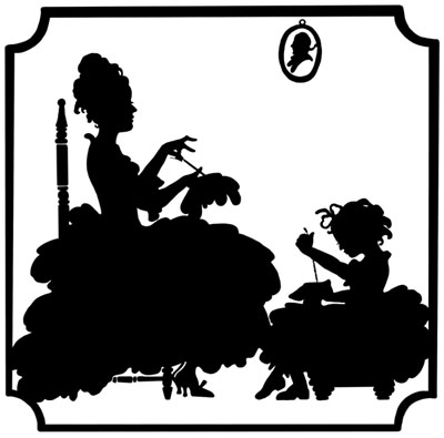 Silhouette of a Woman and Child Doing Embroidery - Silhouette Art