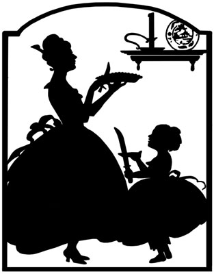 Silhouette of a Woman Serving Pie to a Girl - Silhouette Art