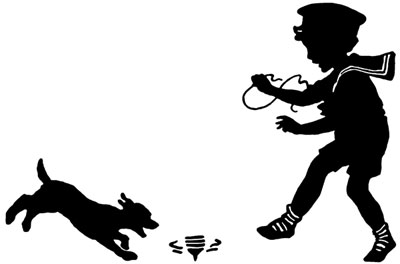 Silhouette of a Boy and Dog Playing with a Top