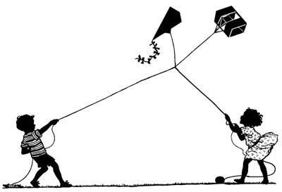 Silhouette of a Boy and Girl Flying Kites