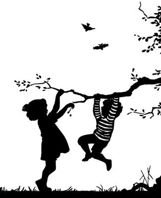 Silhouette of a Boy and Girl Playing in a Tree