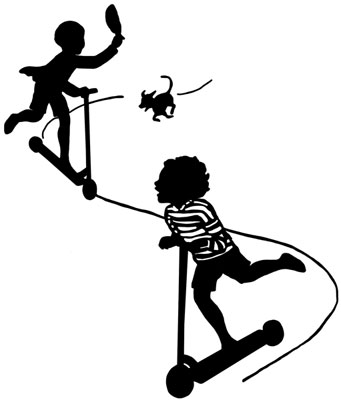 Silhouette of Boys Riding Scooters