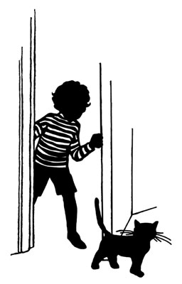 Silhouette of a Cat and a Child Walking Through a Doorway