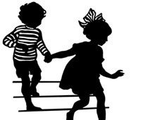Silhouette of a Boy and Girl Running Down Stairs