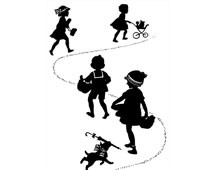 Silhouette of Children and Dog Walking Together
