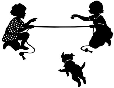 Silhouette of Girls Playing with a Dog