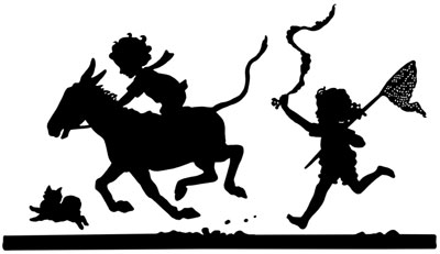 Silhouette of Children Running with a Donkey