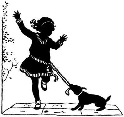 Silhouette of a Dog Tugging on a Girl's Belt