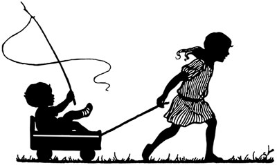 Silhouette of a Girl Pulling a Baby in a Wagon