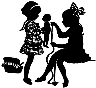 Silhouette of Girls Playing with a Doll