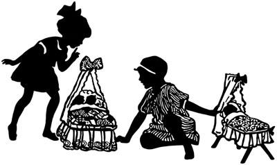 Silhouette of Girls Playing with Dolls