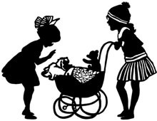 Silhouette of Girls Pushing Doll Carriage