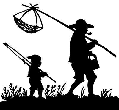 Silhouette of a Boy and Man Going Fishing