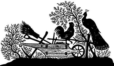 Silhouette of a Rooster and Peacock on a Plow