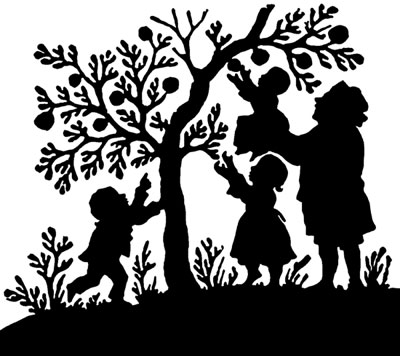 Silhouette of Woman and Children Picking Apples