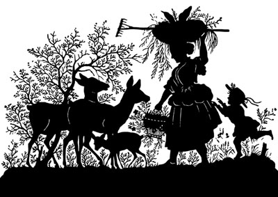 Silhouette of Woman and Child with Deer