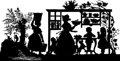 Silhouette of a Woman Feeding Children