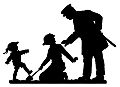 Silhouette of a Police Officer Talking to a Woman and Child